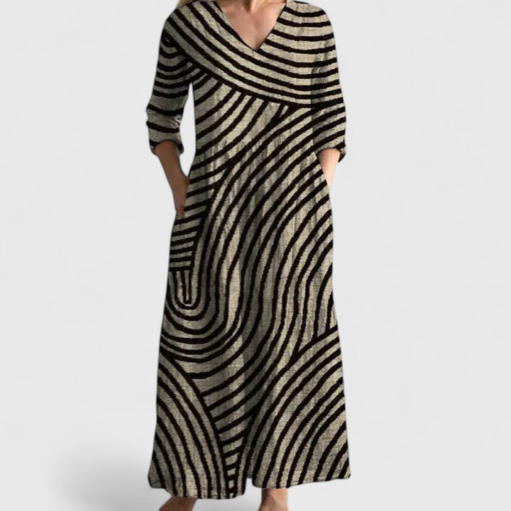 Multicolor abstract stripe midi dress with relaxed flowing silhouette, effortless casual daywear style