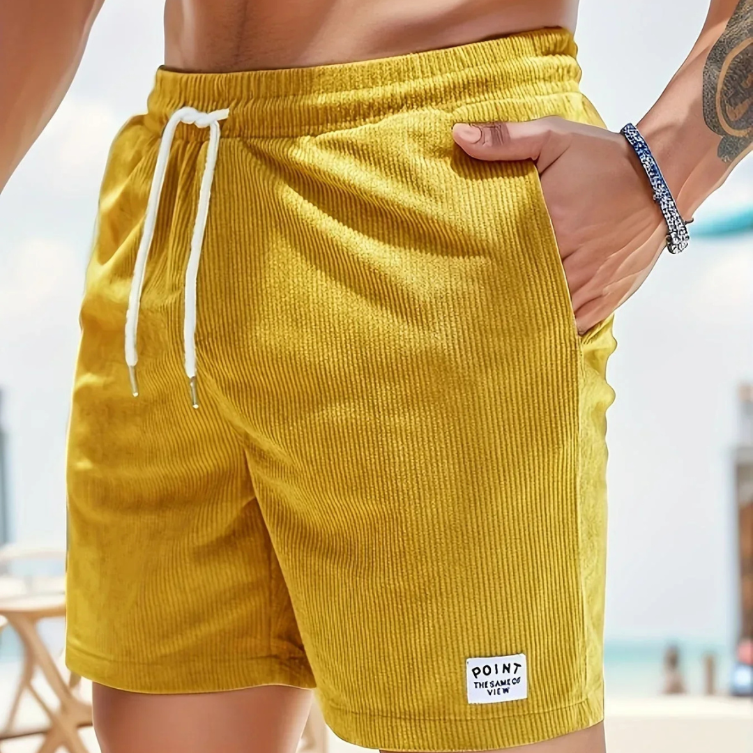 Men's beige corduroy drawstring shorts relaxed fit textured fabric casual beachwear modern edge