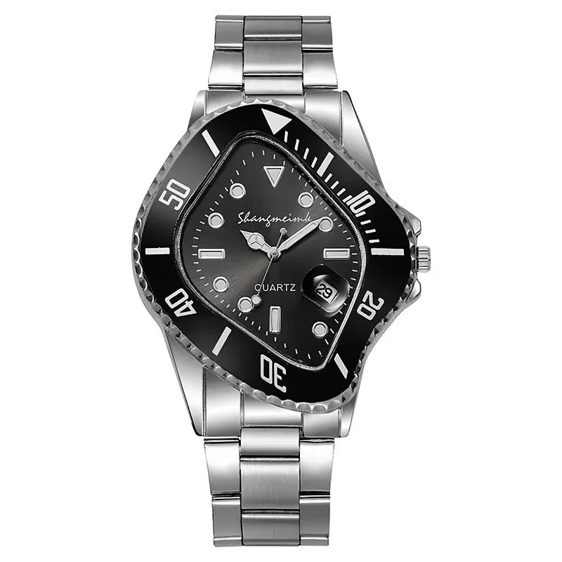 Men's fashion wristwatch warped dial stainless steel band bold color options statement timepiece
