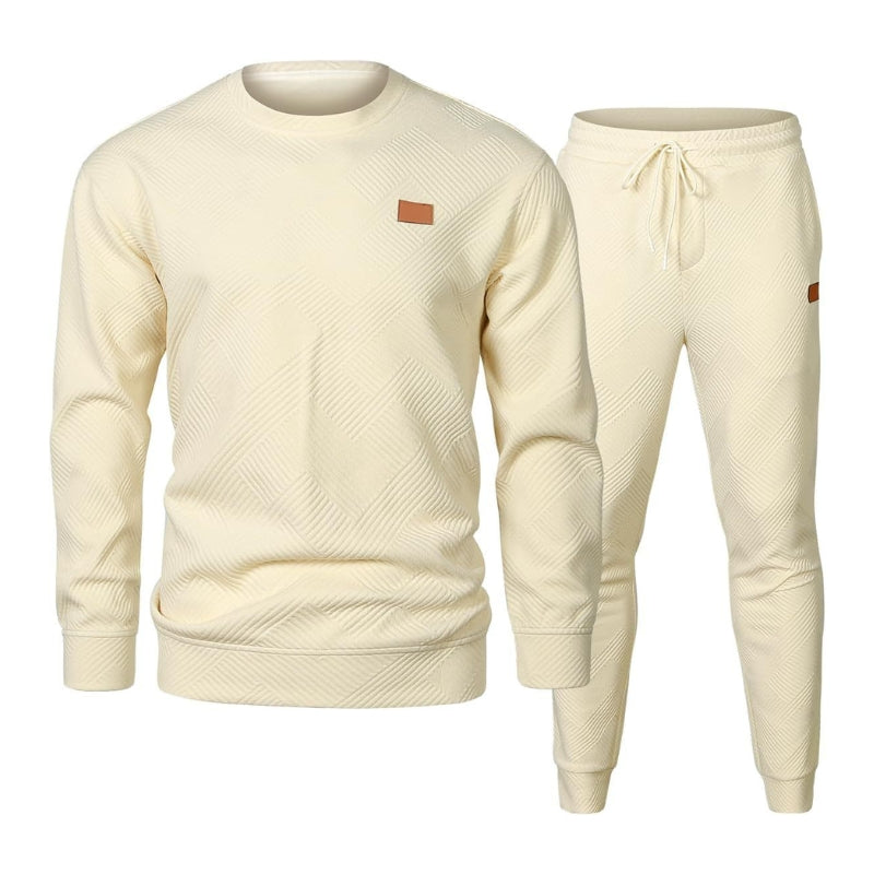 Men's gray jacquard two-piece sweatsuit set with diagonal weave texture matching top and bottom