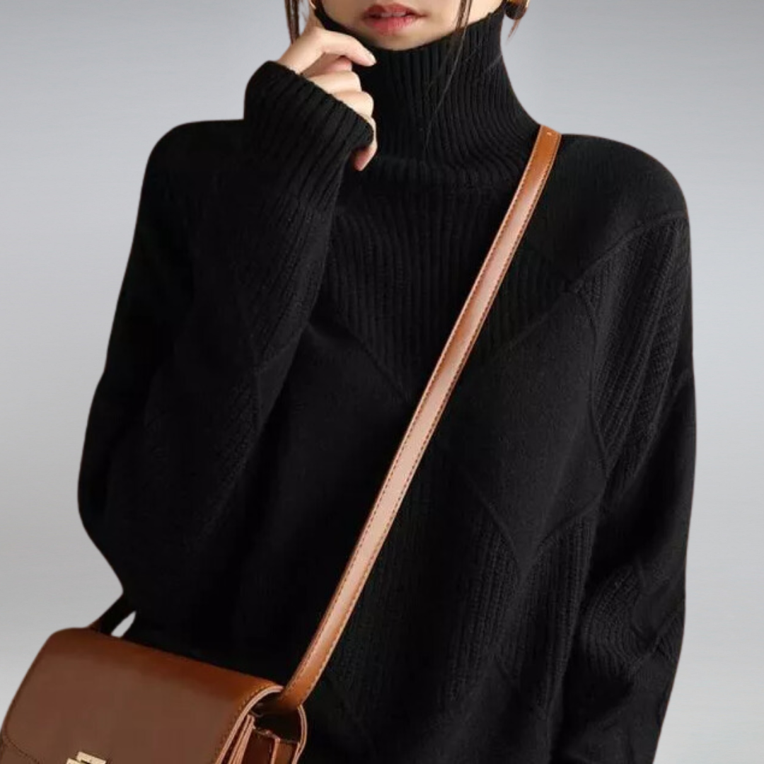 Women's beige relaxed-fit turtleneck sweater with diamond knit texture, cozy everyday layering essential