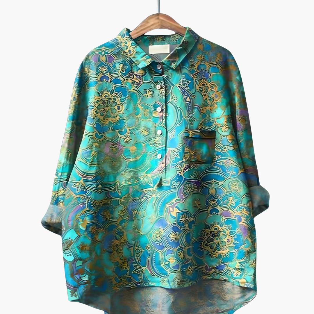 Women's floral print summer blouse lightweight fabric rolled-up long sleeves casual style