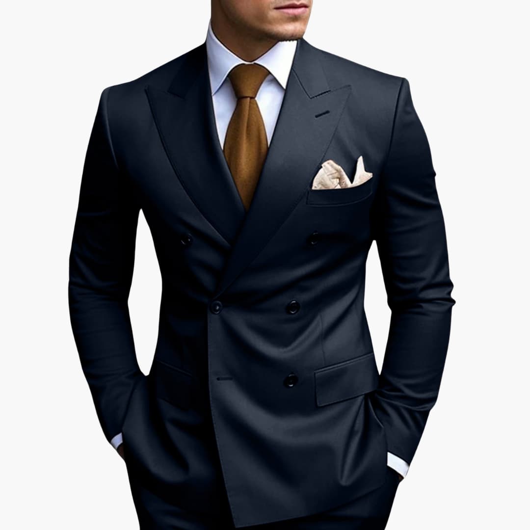 Men's navy blue double-button notched lapel suit set with straight-leg pants modern tailoring