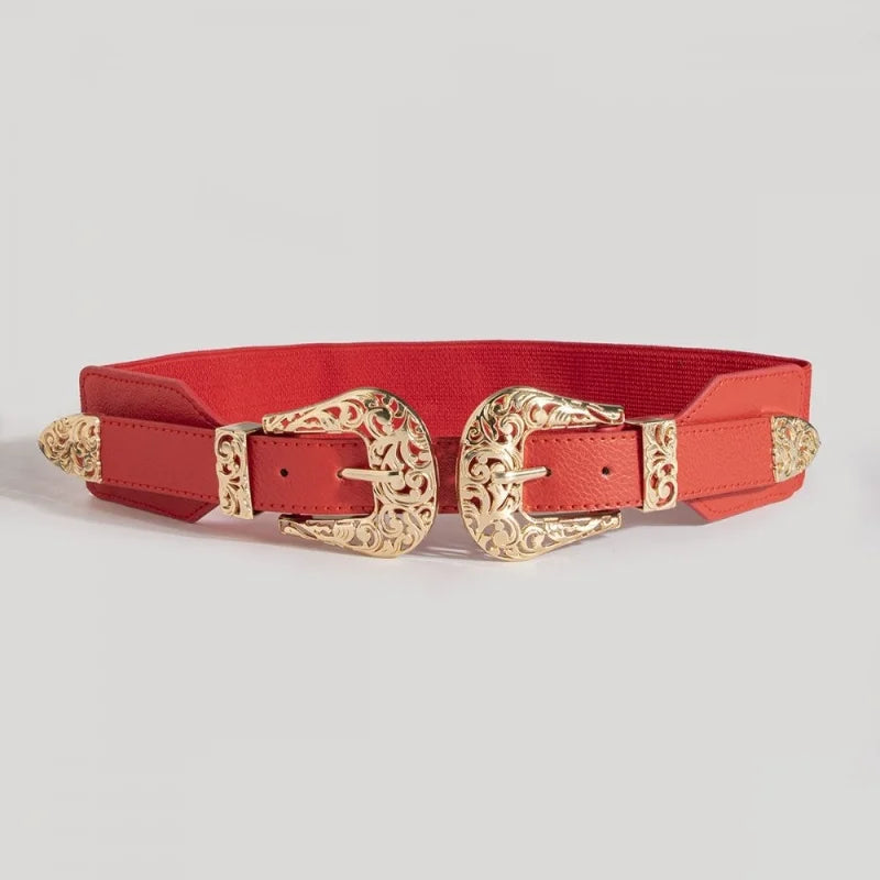 Women's brown leather waist belt with dual gold buckles and intricate Western scrollwork contoured fit