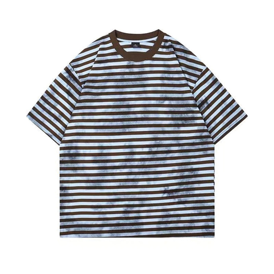 Sun-faded striped cotton tee grunge bleach wash finish irregular marks streetwear relaxed fit