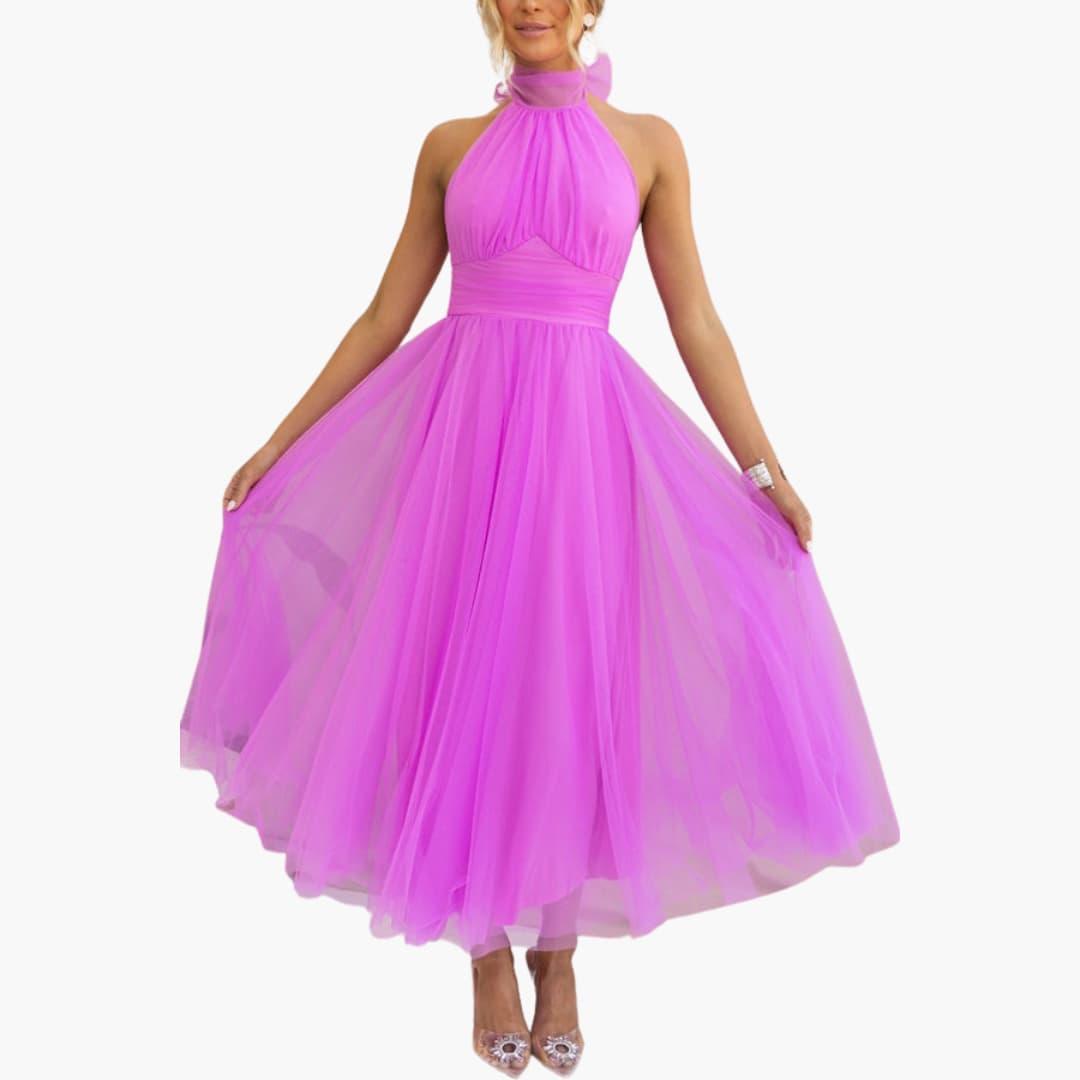 Women's black tulle halter neck maxi gown with elegant layered skirt for formal occasions