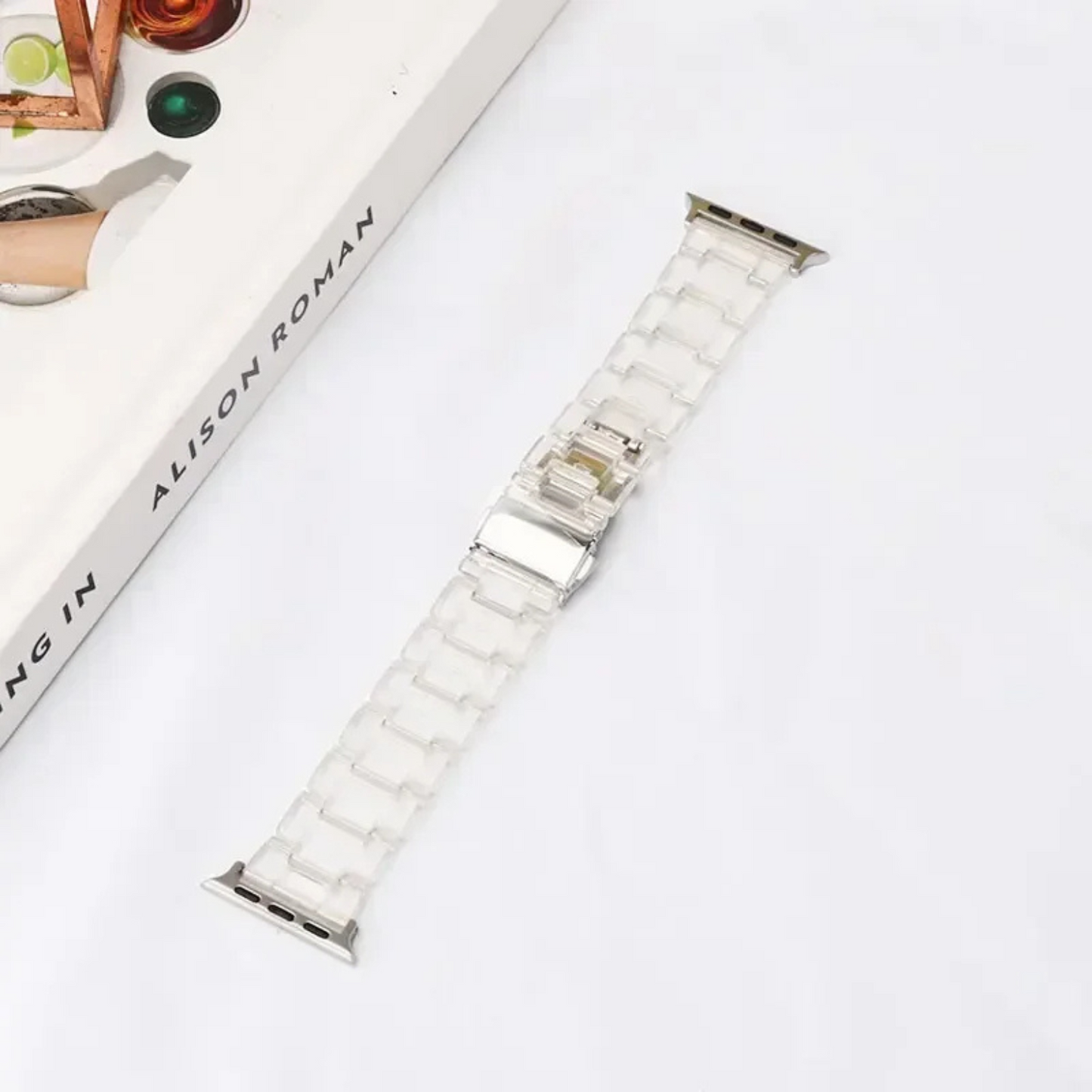 Bold marbled resin Apple Watch band with luminous high-gloss finish and scratch-resistant adjustable links