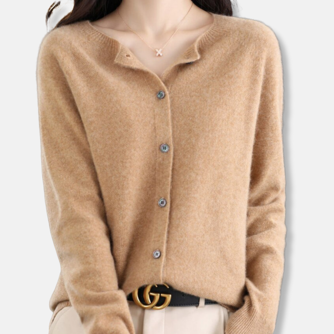 Women's merino wool ribbed cardigan regular fit button-front sweater in classic neutral tone