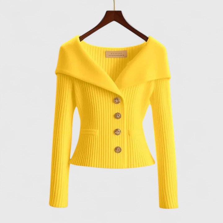 Women's off-shoulder ribbed knit blazer structured fit gold-tone buttons elegant feminine silhouette