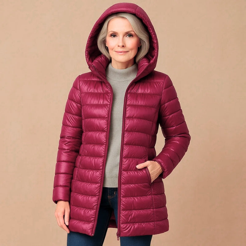 Women's slim-fit hooded down jacket in lightweight insulation with sleek, bulk-free silhouette
