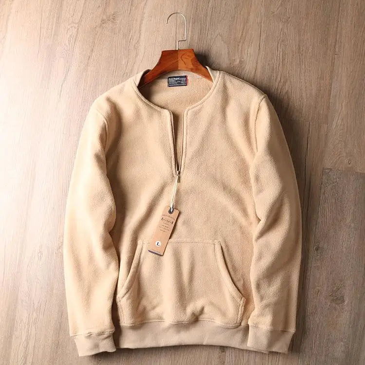 Midland quarter-zip fleece pullover in neutral tone, collarless minimalist design for outdoor layering