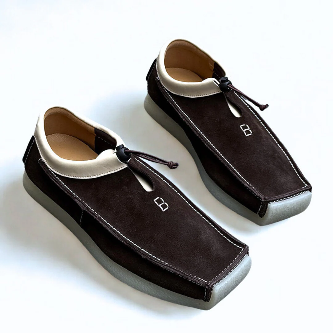 Men's brown suede square-toe loafers handcrafted with genuine leather detailing for lasting comfort