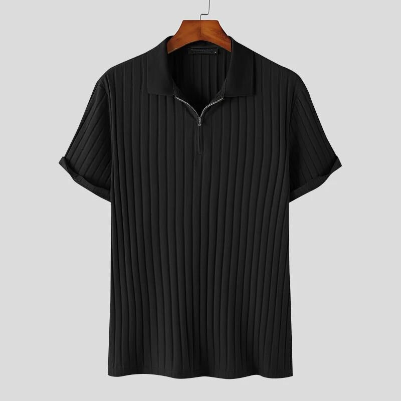 Men's lightweight breathable polo shirt wrinkle-resistant slim fit with elastane stretch and premium zipper