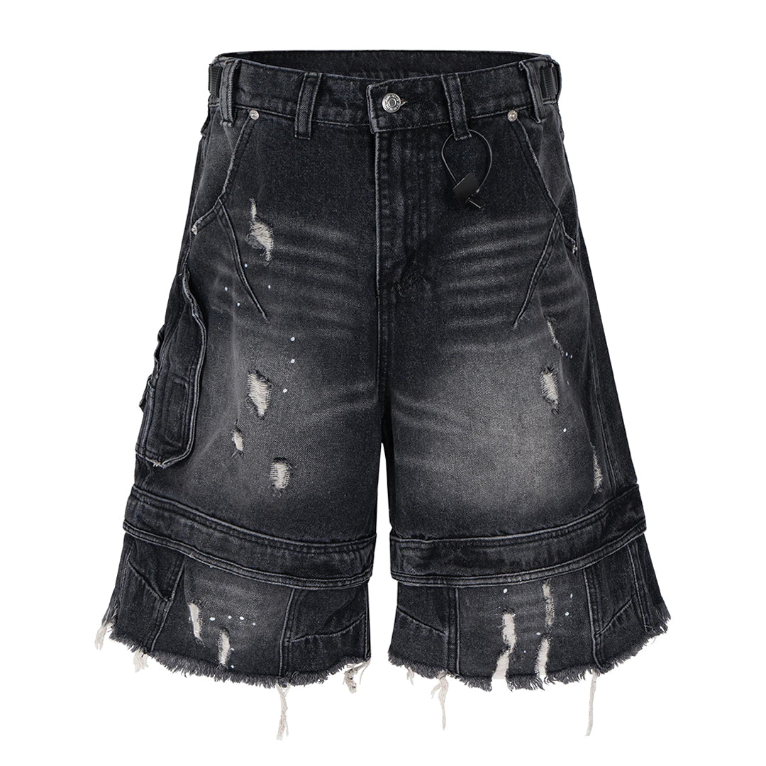 Vintage washed denim calf shorts distressed tassel hem streetwear light wash blue
