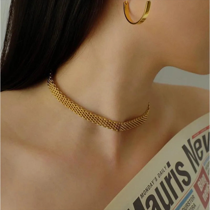 Gold plated multi-strand choker chain set tarnish resistant 24K statement necklace for women