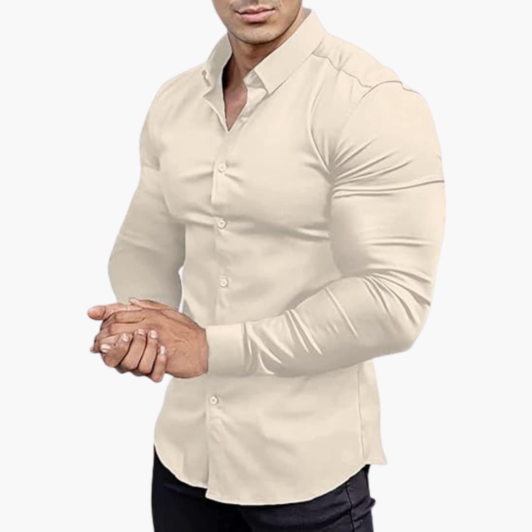 Men's slim fit white dress shirt structured silhouette stretch fabric office casual versatile wear
