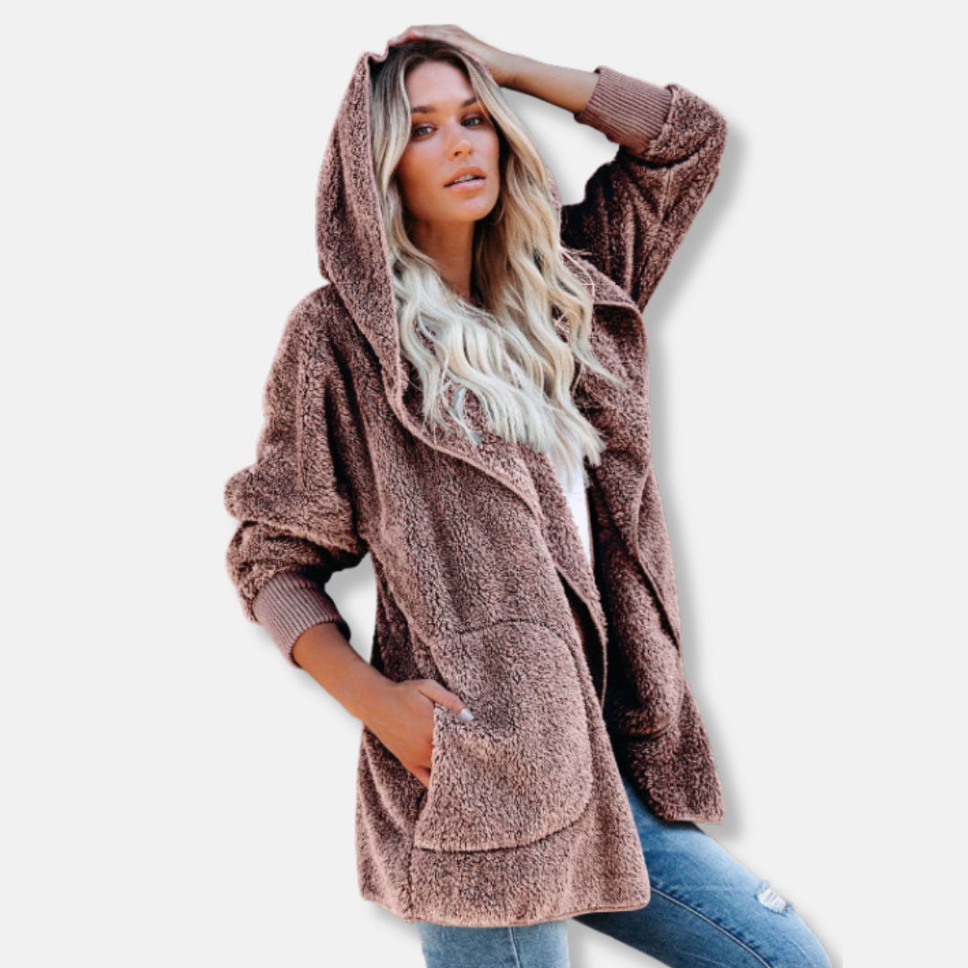 Women's oversized sherpa fleece hooded cardigan open front with pockets, ultra-soft cozy fit