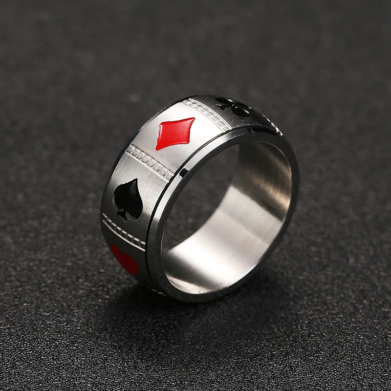Men's stainless steel spinner ring with etched card suits fidget focus band
