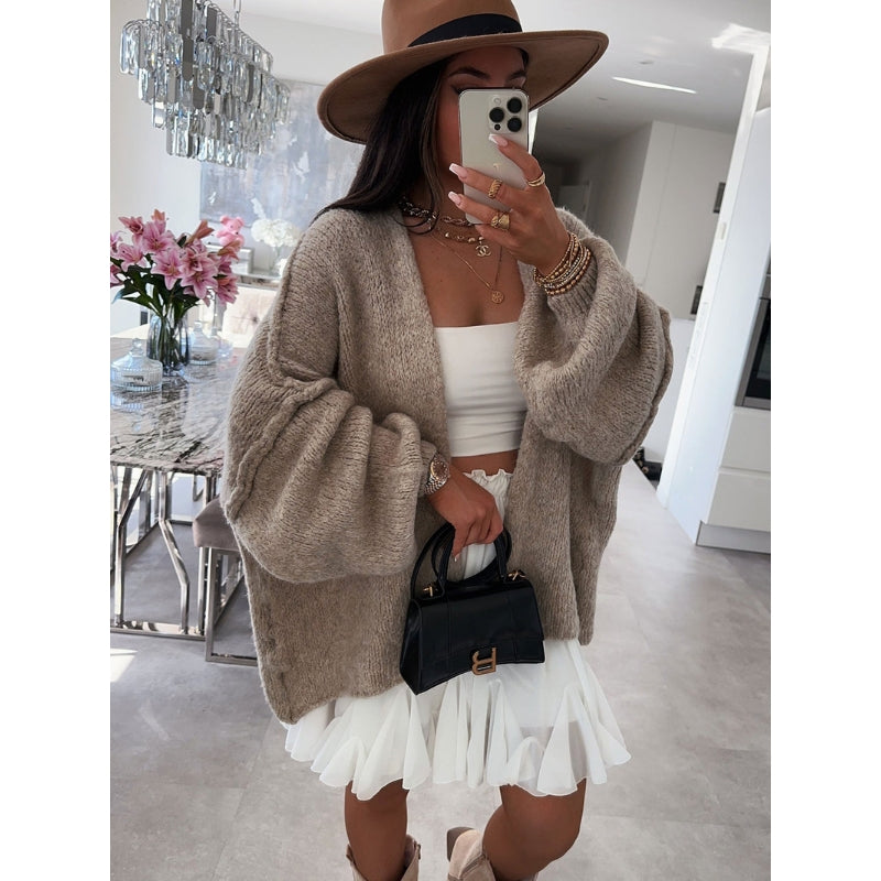 Plus size oversized knit cardigan with sculpted sleeves, cozy lightweight breathable fabric for women