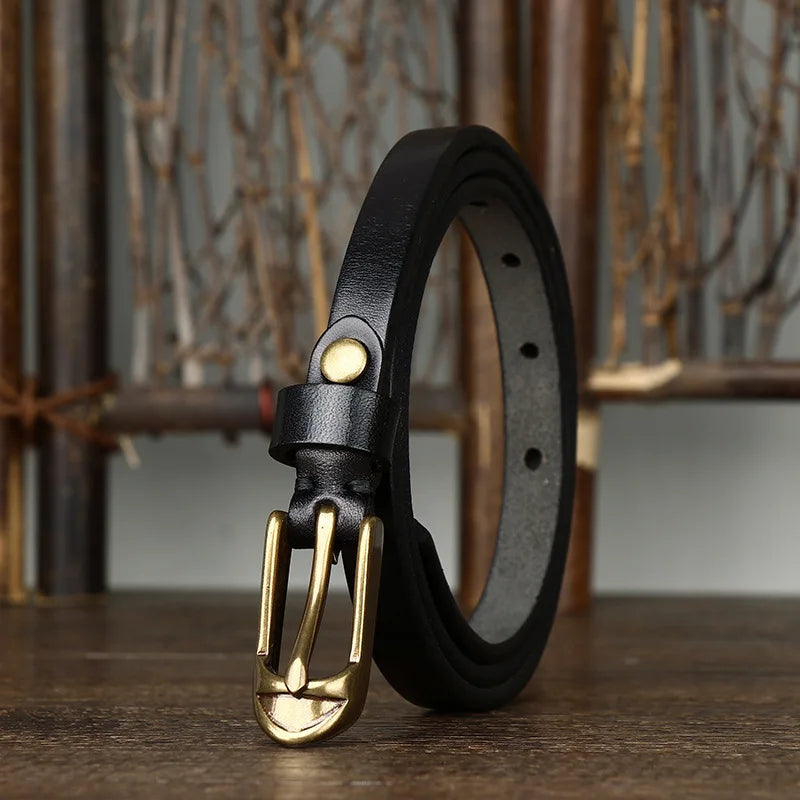 Quinn slim full-grain leather belt in tan with antique brass buckle, polished everyday professional style