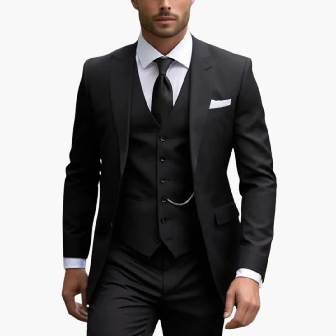 Men's charcoal three-piece formal suit set with two-button jacket, vest, and tailored pants