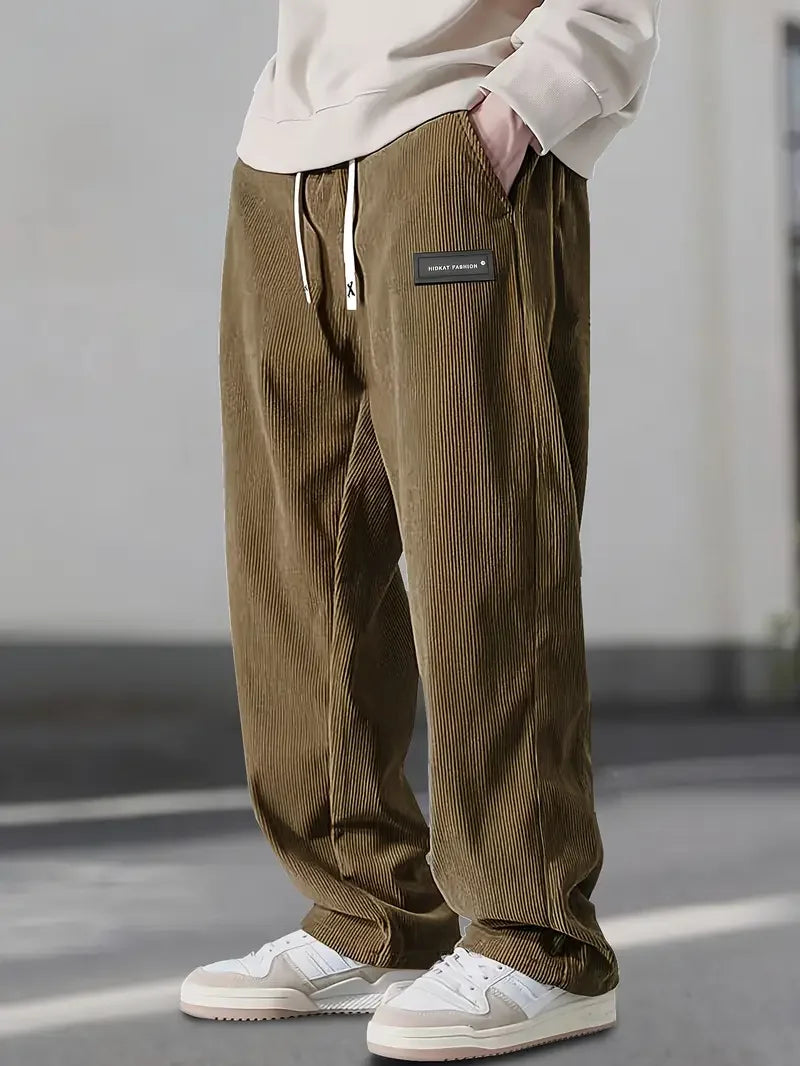 Men's wide-leg corduroy pants in wide-wale texture with elastic drawstring waist streetwear fit