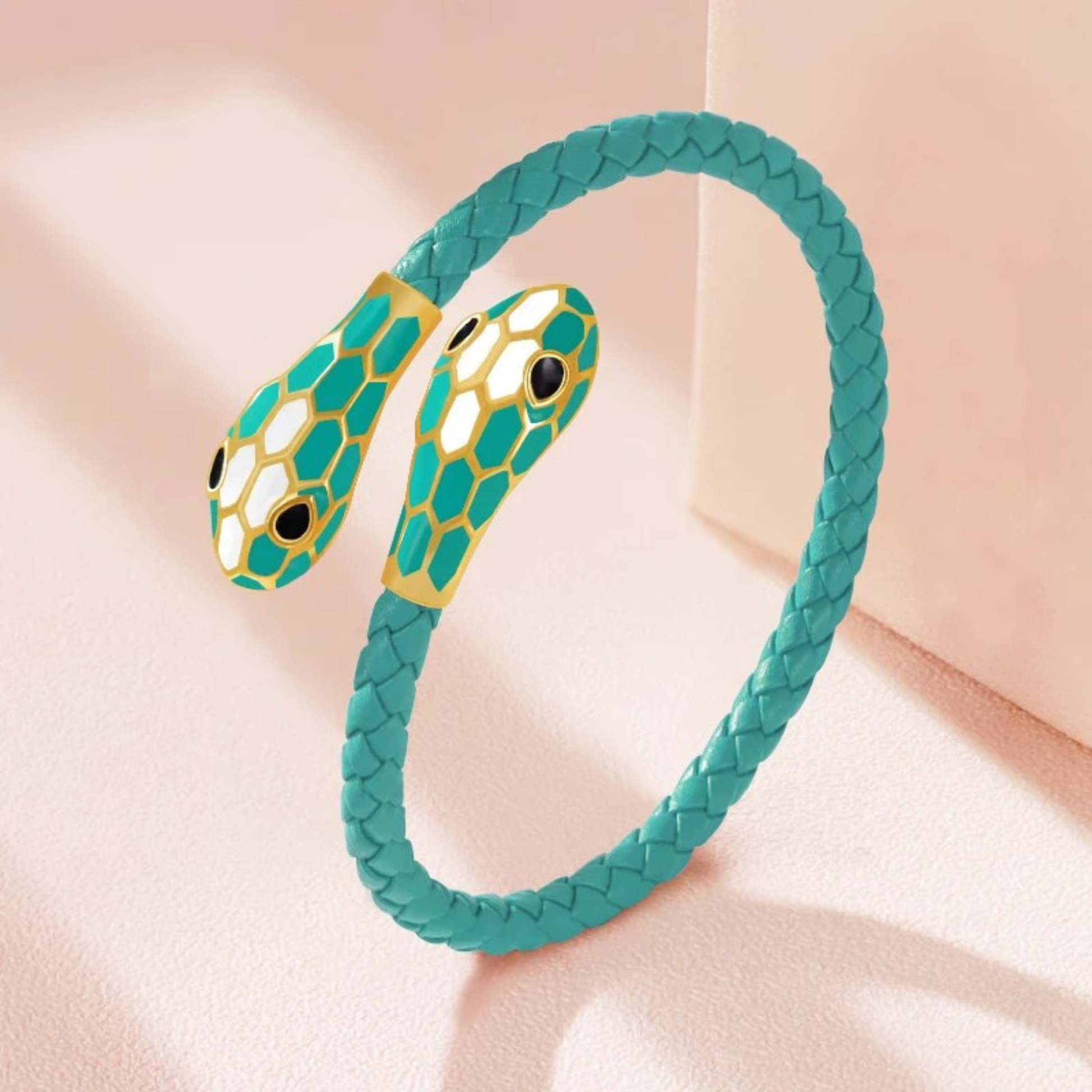 Bold copper leather bracelet with twin serpent heads, honeycomb enamel finish, open cuff design for men