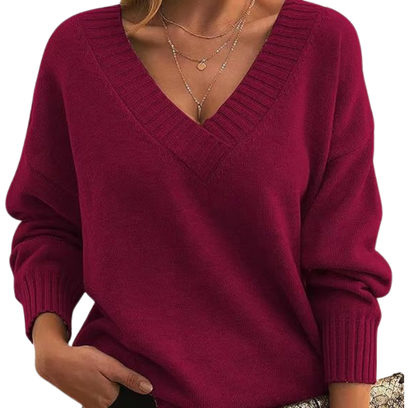 Women's beige relaxed-fit V-neck wool blend sweater with cozy turtleneck layering detail