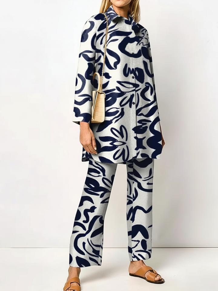 Women's woven two-piece set relaxed tunic top straight-leg pants pointed collar vintage-inspired