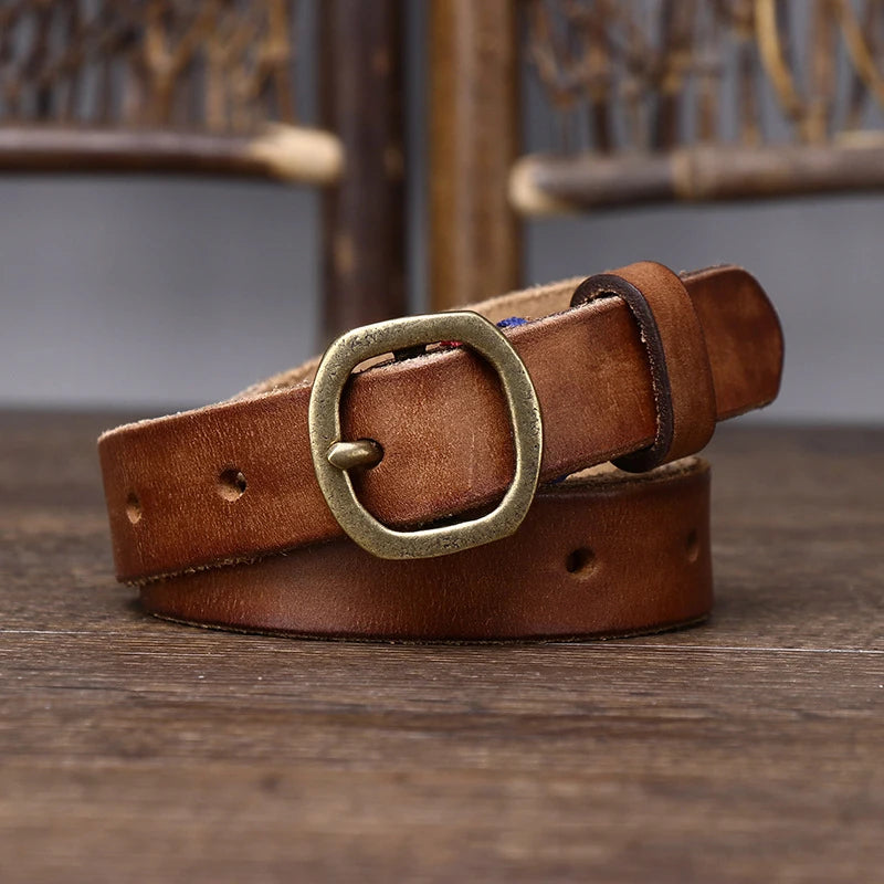 Men's full-grain leather belt distressed patina antique brass buckle hand-finished vintage style