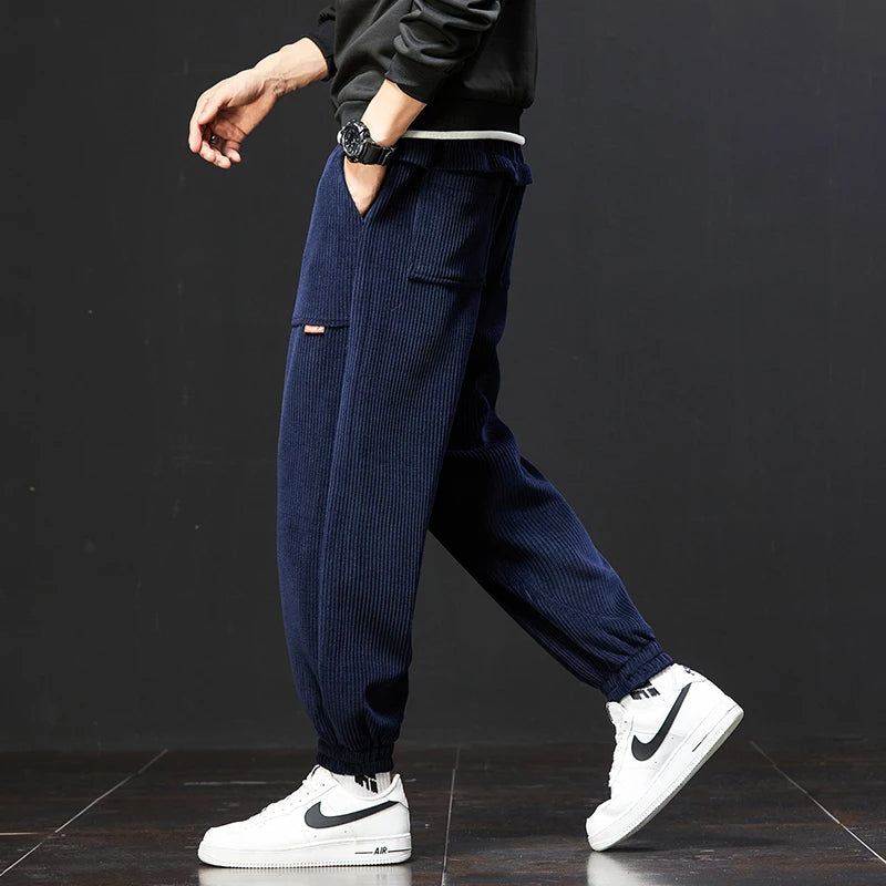Women's brown corduroy jogger pants relaxed fit with stretch fabric and colorfast finish