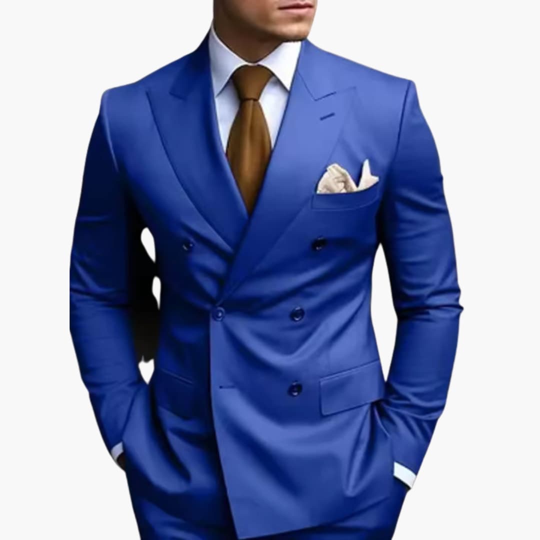 Men's navy double-breasted slim fit suit, peak lapel, six-button structured jacket for formal events