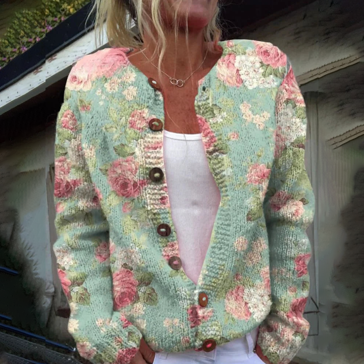 Women's collarless floral knit cardigan green flowers long sleeve soft cozy autumn knitwear