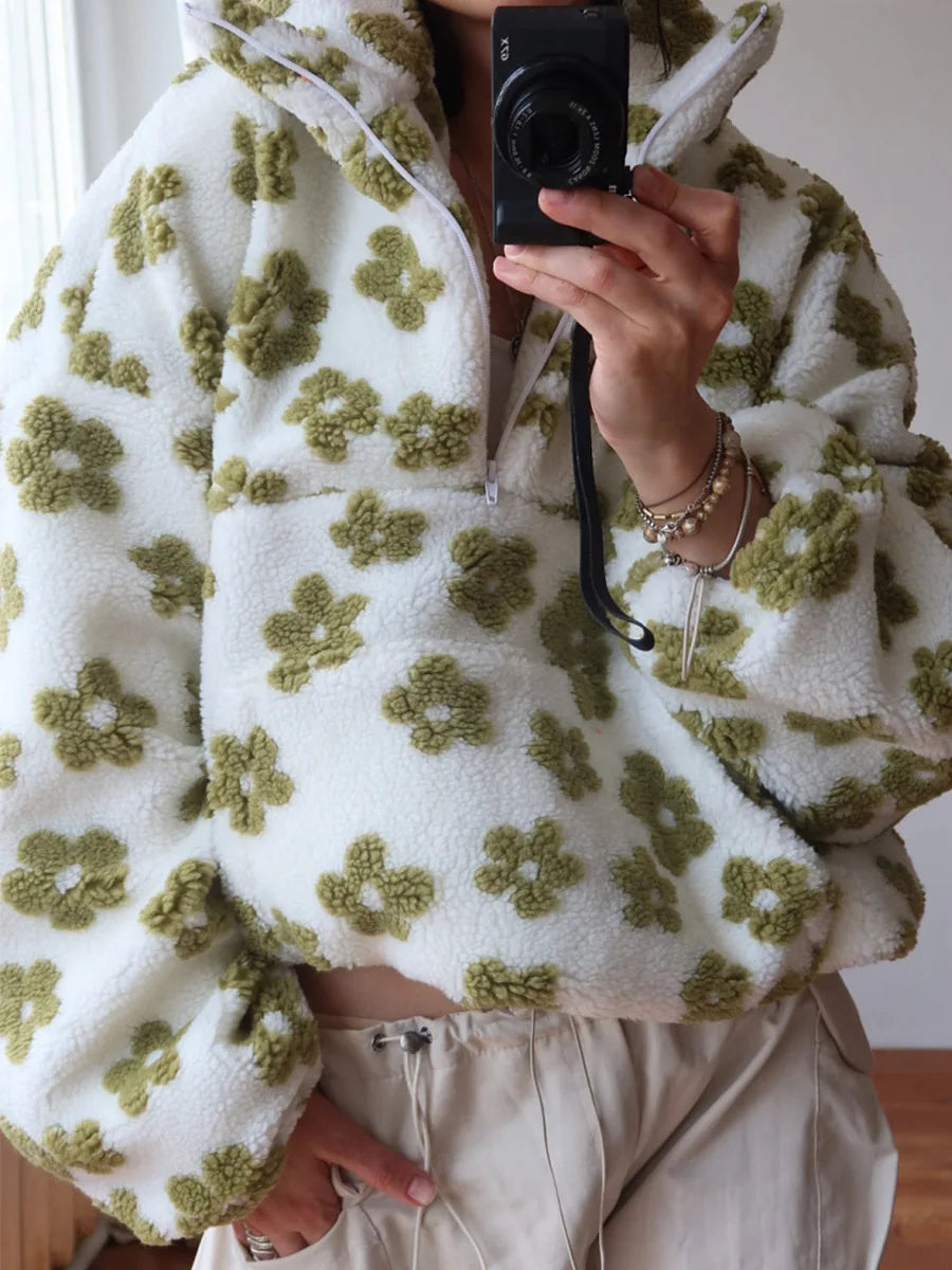 Women's oversized sherpa half-zip pullover in cream with bold retro floral print and plush high-pile fleece