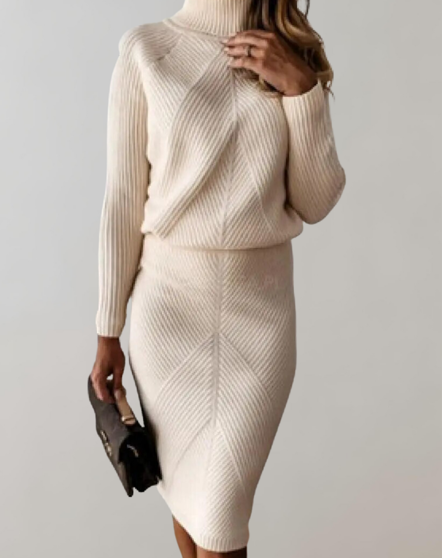 Women's ribbed knit turtleneck sweater and pencil skirt set, monochrome elegant two-piece office loungewear