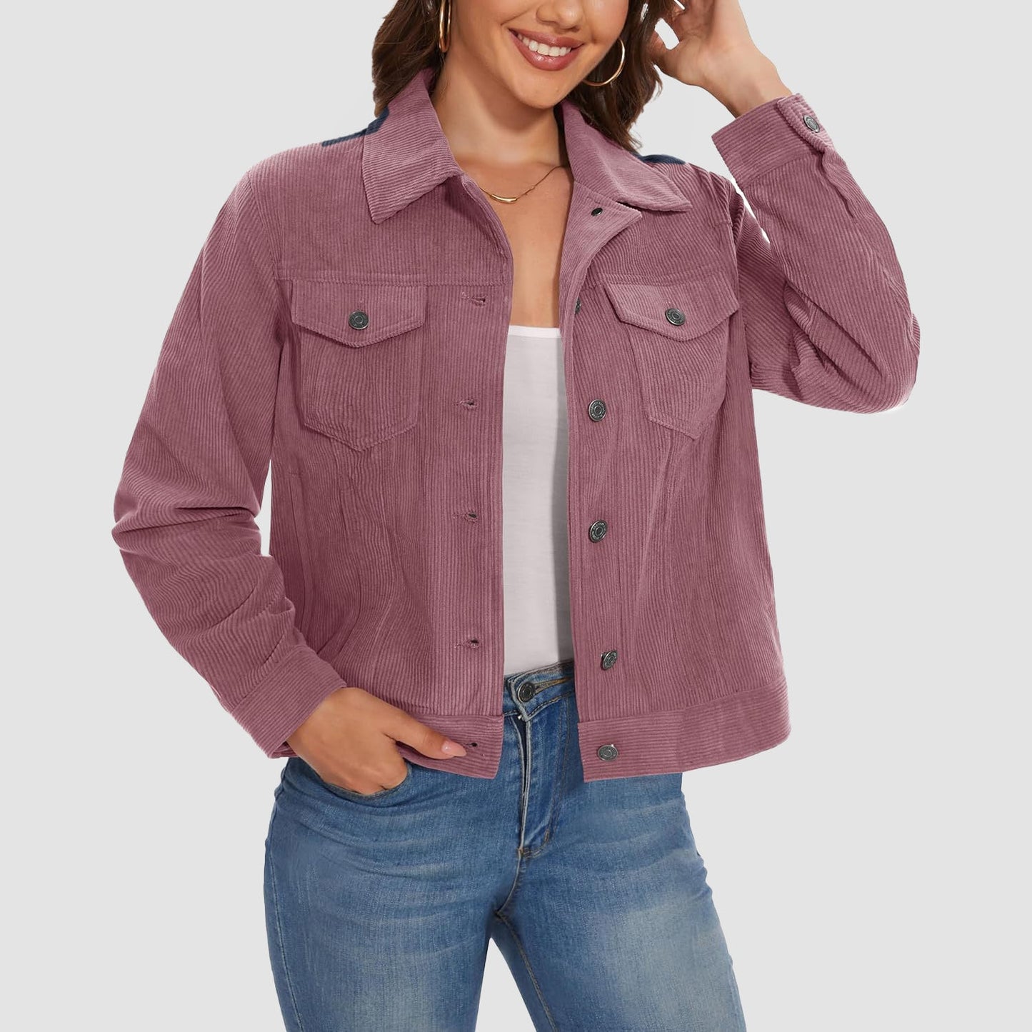 Women's brown corduroy shacket jacket with lapel collar, full button closure, and four front pockets
