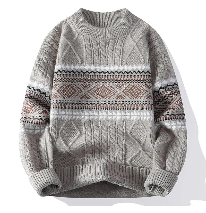 Cream cable knit wool blend pullover sweater unisex relaxed fit with Nordic intarsia detailing
