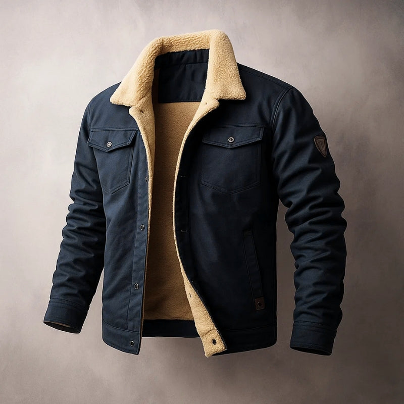 Men's sherpa lined windproof cotton jacket with multi-pocket design for outdoor warmth