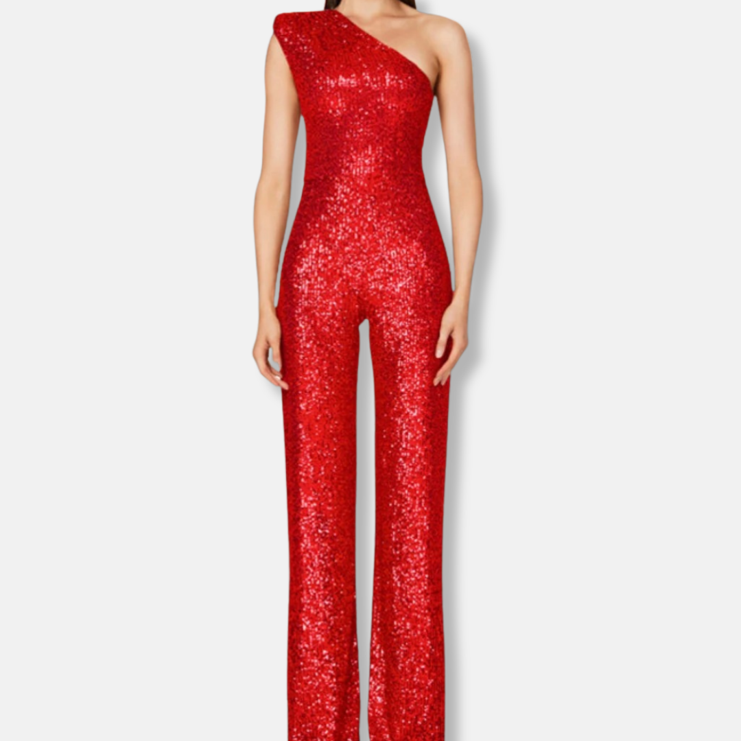 Women's silver sequined one-shoulder wide-leg jumpsuit sleeveless glamorous eveningwear