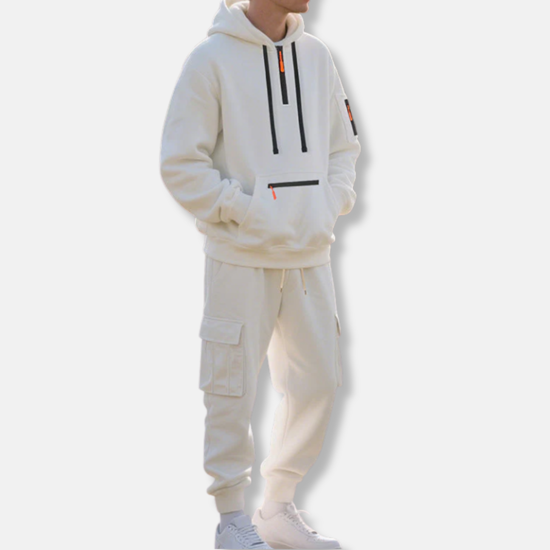 Men's gray relaxed-fit tracksuit set with half-zip hoodie and cargo joggers street style