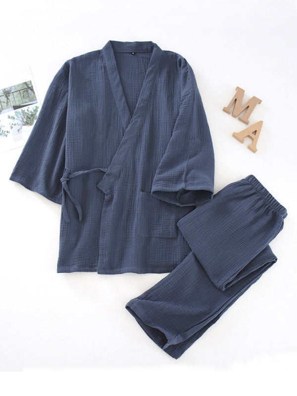 Women's wrap-style relaxed pajama set with elegant front-wrapped top for comfortable sleepwear