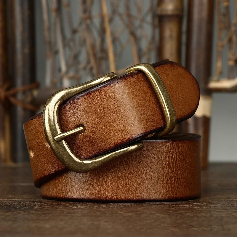Men's full-grain leather belt tan brown classic cut solid brass antique buckle handcrafted everyday wear
