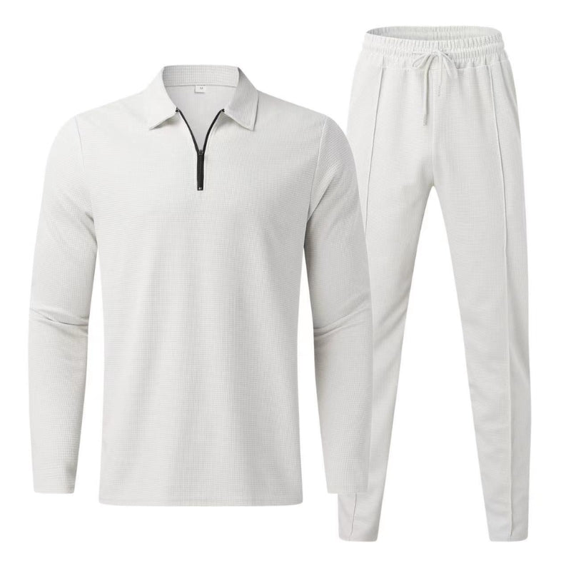 Lugano 1995 waffle texture two-piece lounge set with zip top and drawstring pants casual comfort