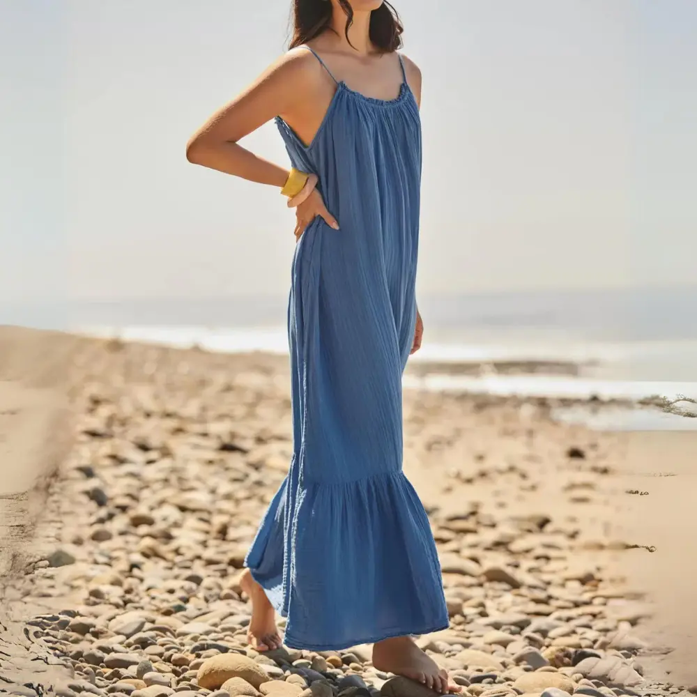 Ruched muslin maxi dress sleeveless relaxed cotton silhouette breathable summer women flowing length