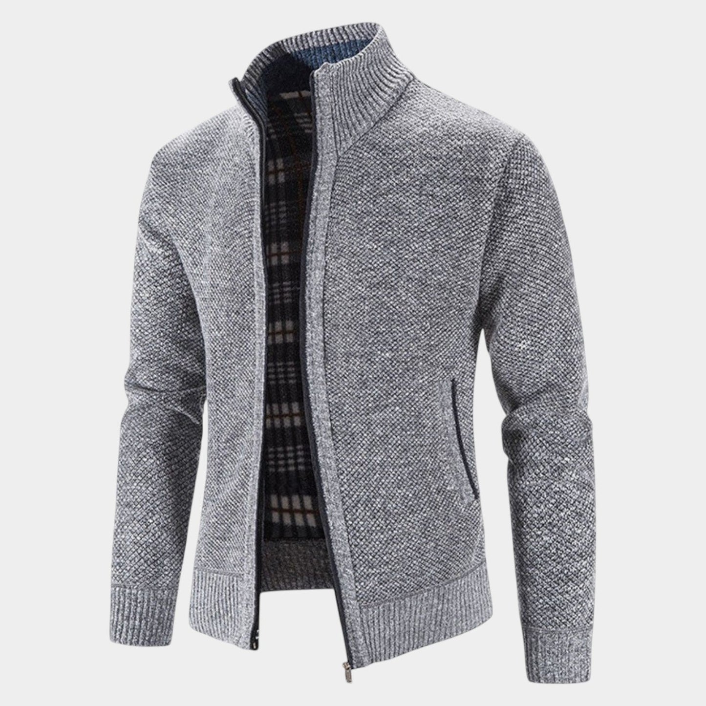 Men's gray knit cardigan with stand-up collar, full-zip closure, slim fit for everyday warmth