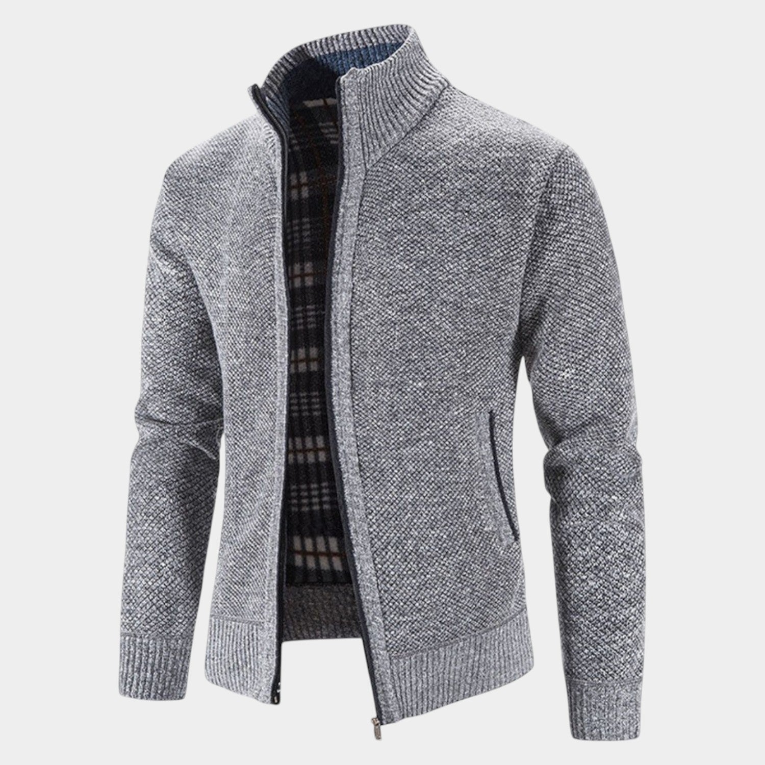 Men's gray knit cardigan with stand-up collar, full-zip closure, slim fit for everyday warmth