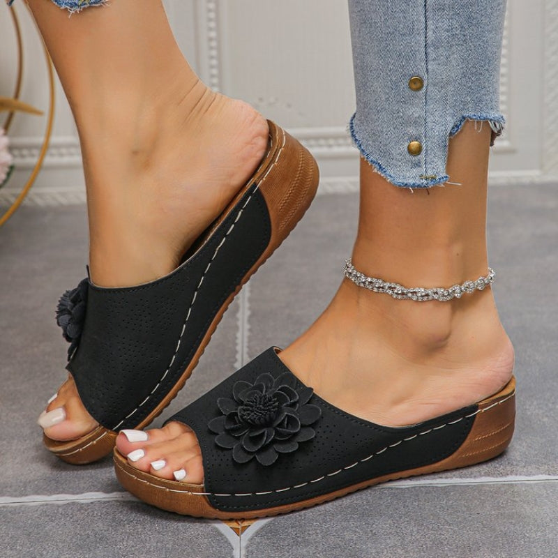 Flora | Women's Flower Wedge Sandals Slip On Open Toe Slides