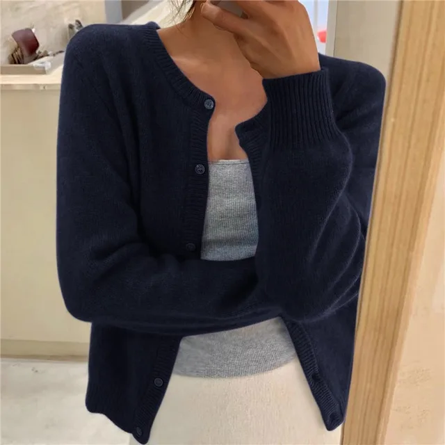 Women's cozy beige button-up cardigan relaxed long sleeve flattering everyday winter style