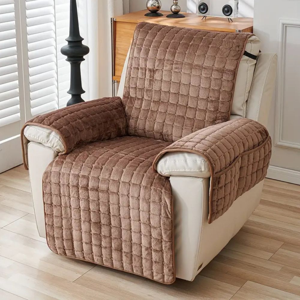Plush grid microfiber recliner cover with protective arm covers in neutral cozy texture