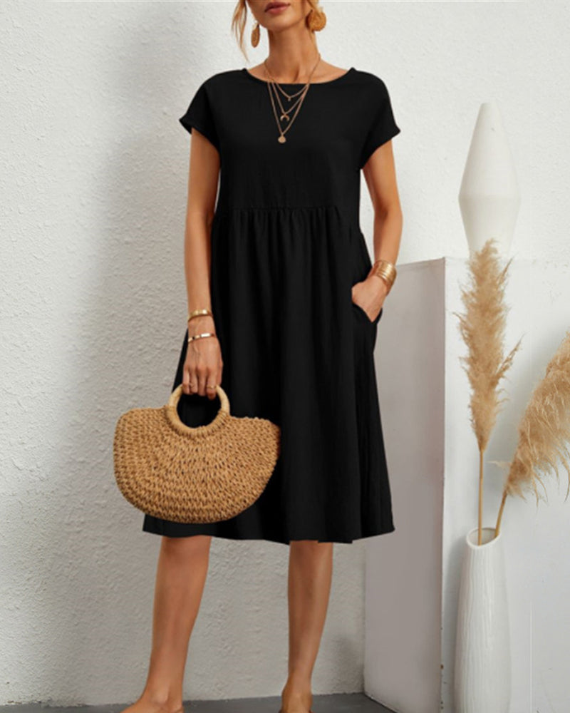 Women's round neck midi dress with pockets, casual polished silhouette for everyday comfort